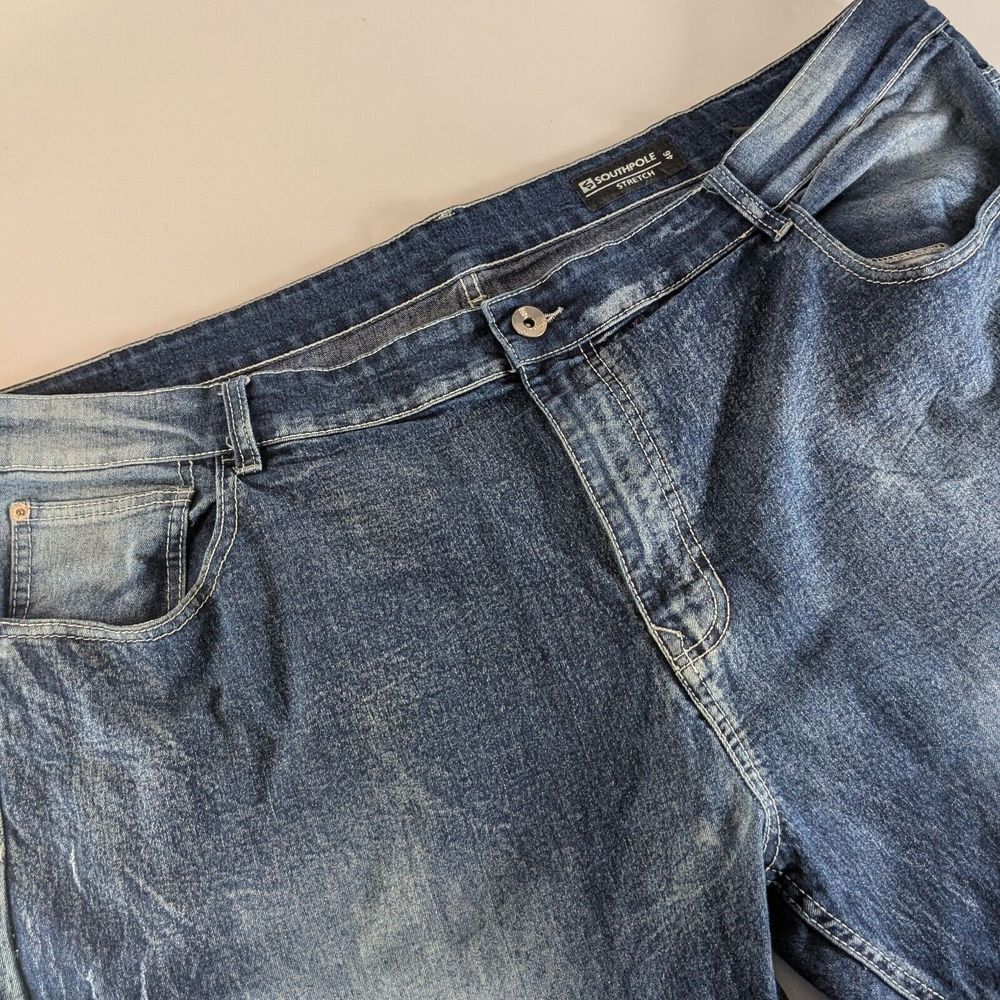 Southpole Men's 46x32 Straight Leg White Patch Moto Style Acid Washed Jeans
